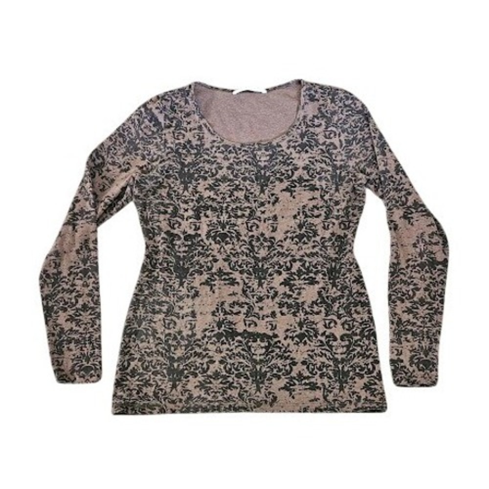 Peruvian Connection Shirt Women Medium Damask Black Scoop Neck Long Sleeve Top